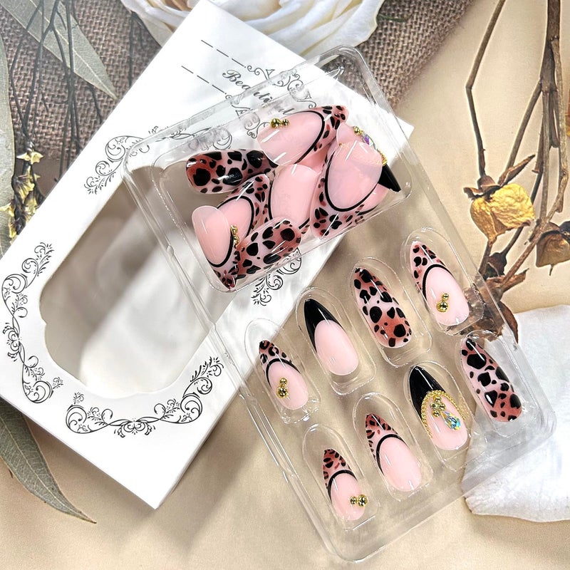 TBRZTR Press on Nails Medium Artificial Almond Acrylic False Nails French Leopard Print Tip 3D Gold Beads Design Stick on Nail Full Cover Reusable Coffin Artificial Fingernails for Women Manicure - Image 3
